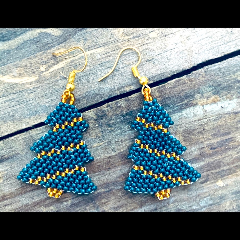 Beautiful Christmas Tree Earrings Huichol Art